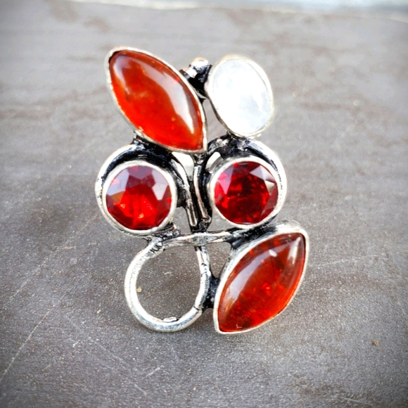 New Amber, Garnet & Rainbow Moonstone 925 Silver Ring. - Picture 15 of 16